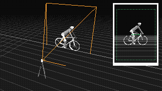 Low-poly rider on a road bike, a phone on a tripod beside it with its field of view drawn out, and the phone's screen in the corner