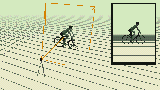 Low-poly rider on a road bike, a phone on a tripod beside it with its field of view drawn out, and the phone's screen in the corner