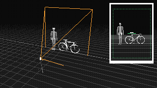 Low-poly rider standing beside a road bike, facing a phone on a tripod with its field of view drawn out, and the phone's screen in the corner