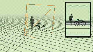 Low-poly rider standing beside a road bike, facing a phone on a tripod with its field of view drawn out, and the phone's screen in the corner